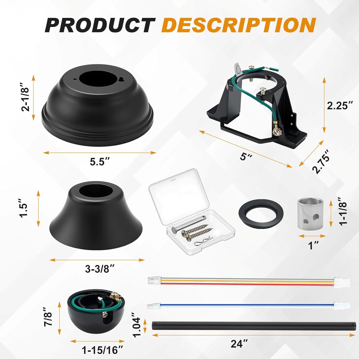 5 Pcs Ceiling Fan Sloped Ceiling Kit and 24 Inch Ceiling Fan Downrod with Extension Cord, Mounting Bracket