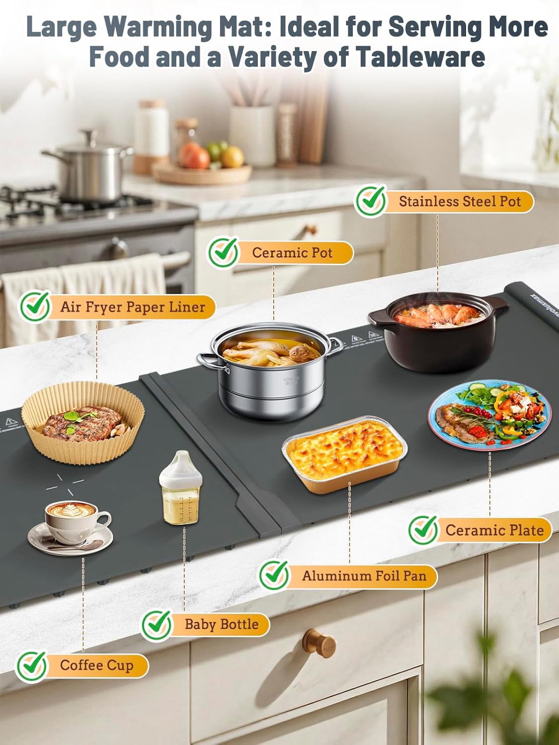 Food Warming Mat Extra Large, 54' x 16' Extra Long Warming Tray Mat Roll Up, Electric, Silicone