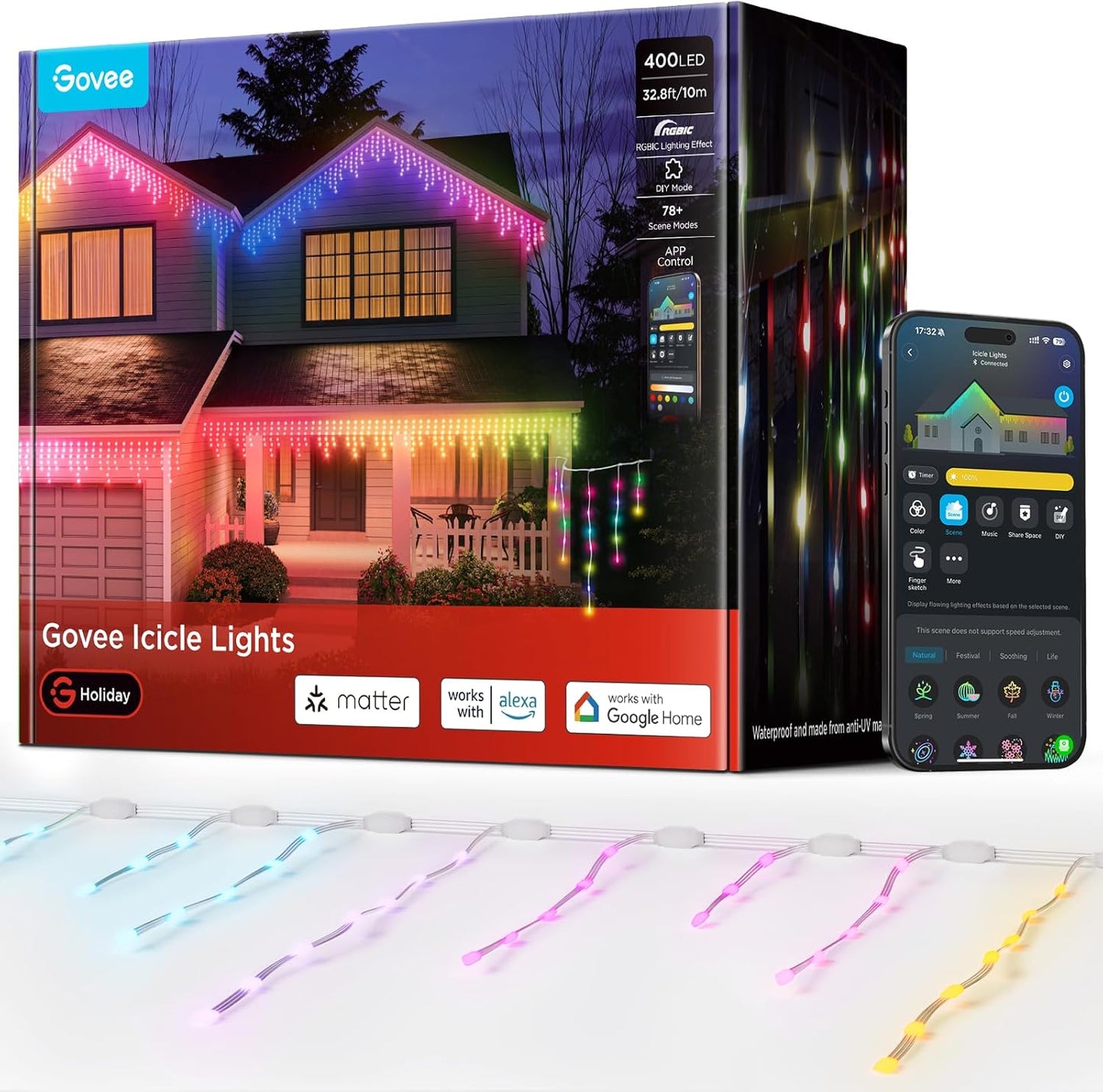 Icicle Lights, Smart RGBIC Lights for Outside, 33ft w/ 400 LEDs Icicle Light Outdoor, IP67 Waterproof, Music Sync