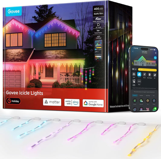 Icicle Lights, Smart RGBIC Lights for Outside, 33ft w/ 400 LEDs Icicle Light Outdoor, IP67 Waterproof, Music Sync