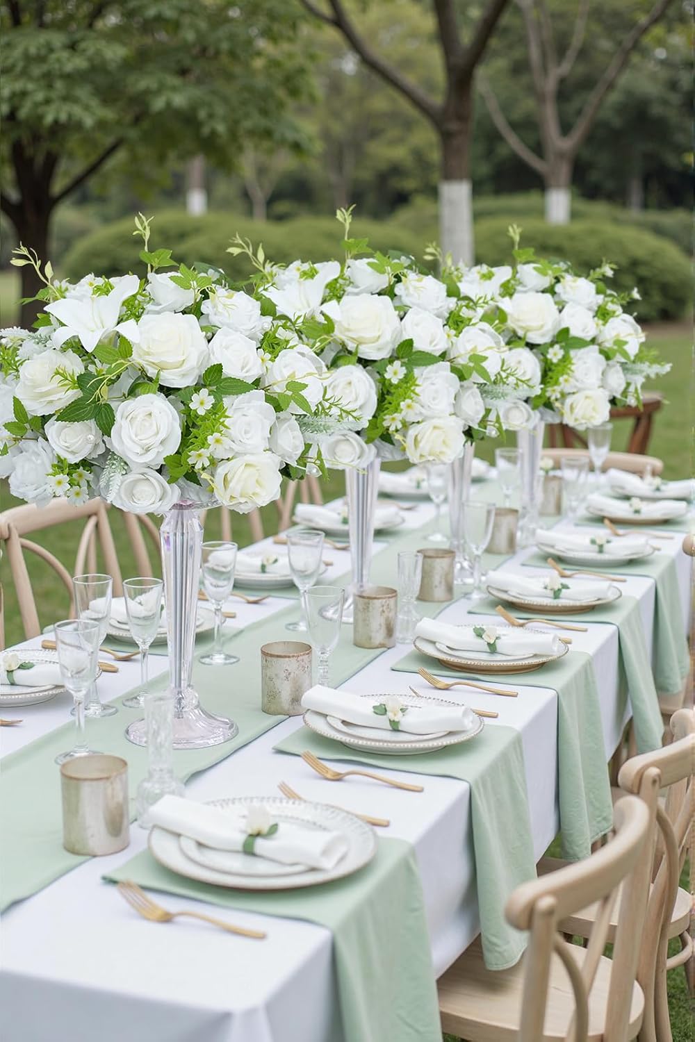 2pcs 15inch Centerpieces Table Decorations White & Green Artificial Flowers Roses Balls for Wedding Centerpiece