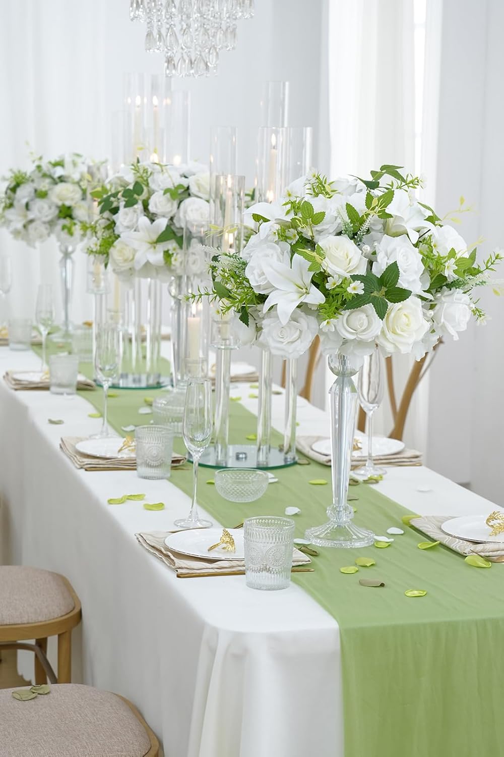 2pcs 15inch Centerpieces Table Decorations White & Green Artificial Flowers Roses Balls for Wedding Centerpiece