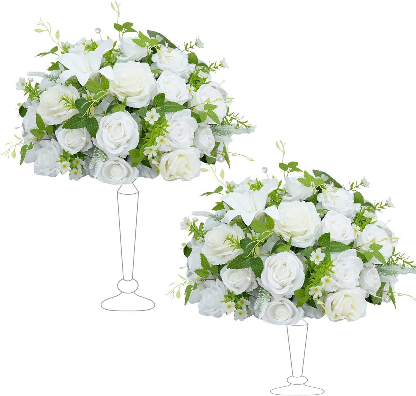2pcs 15inch Centerpieces Table Decorations White & Green Artificial Flowers Roses Balls for Wedding Centerpiece