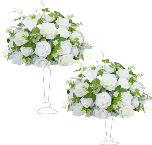 2pcs 15inch Centerpieces Table Decorations White & Green Artificial Flowers Roses Balls for Wedding Centerpiece