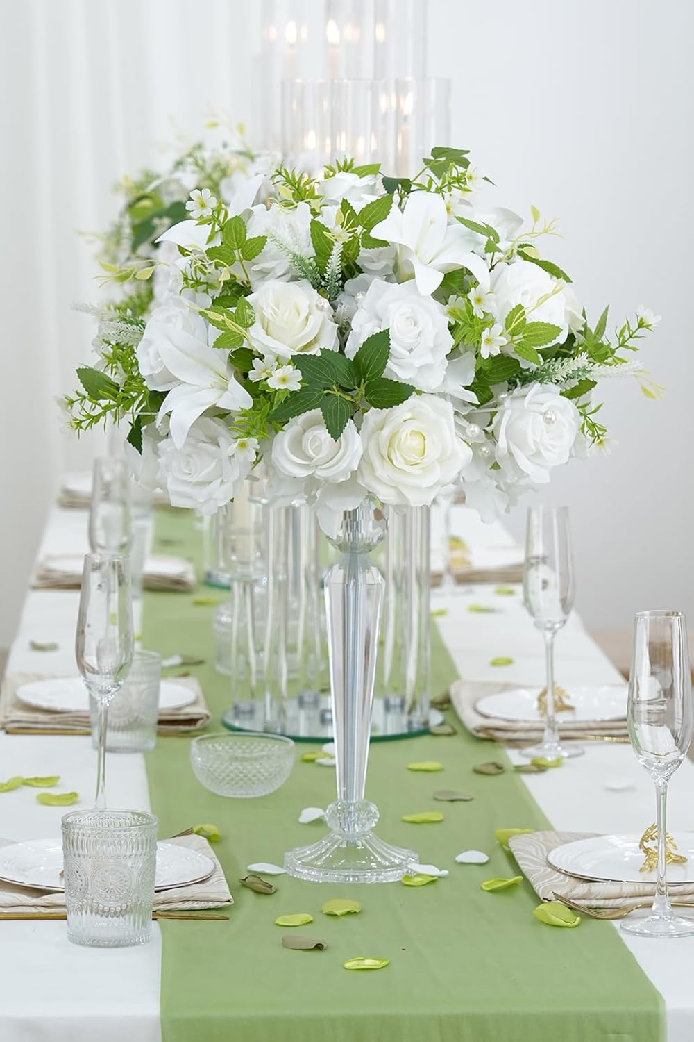 2pcs 15inch Centerpieces Table Decorations White & Green Artificial Flowers Roses Balls for Wedding Centerpiece