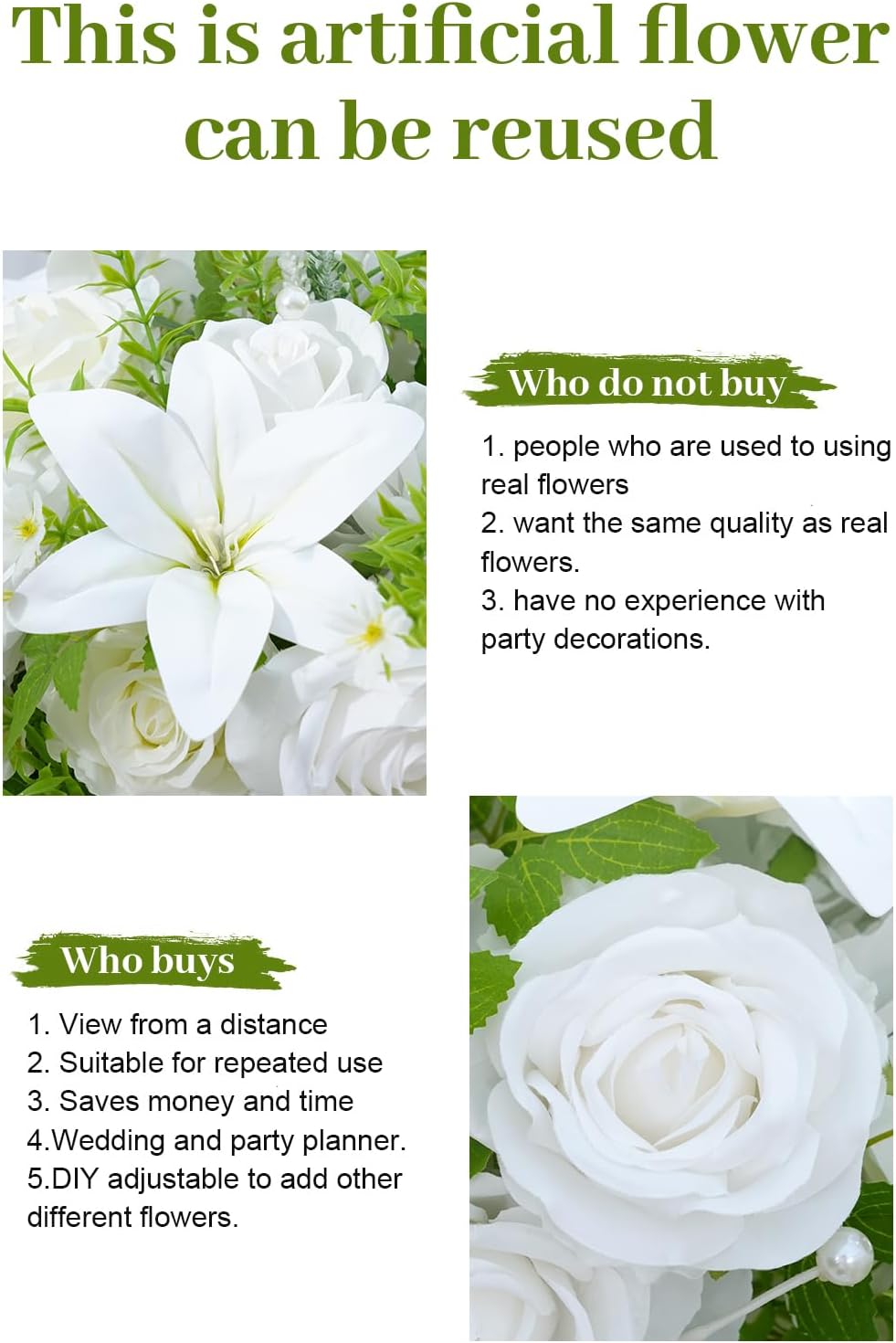 2pcs 15inch Centerpieces Table Decorations White & Green Artificial Flowers Roses Balls for Wedding Centerpiece