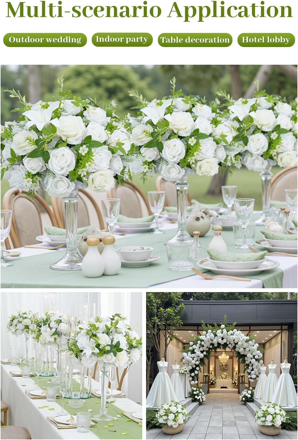 2pcs 15inch Centerpieces Table Decorations White & Green Artificial Flowers Roses Balls for Wedding Centerpiece