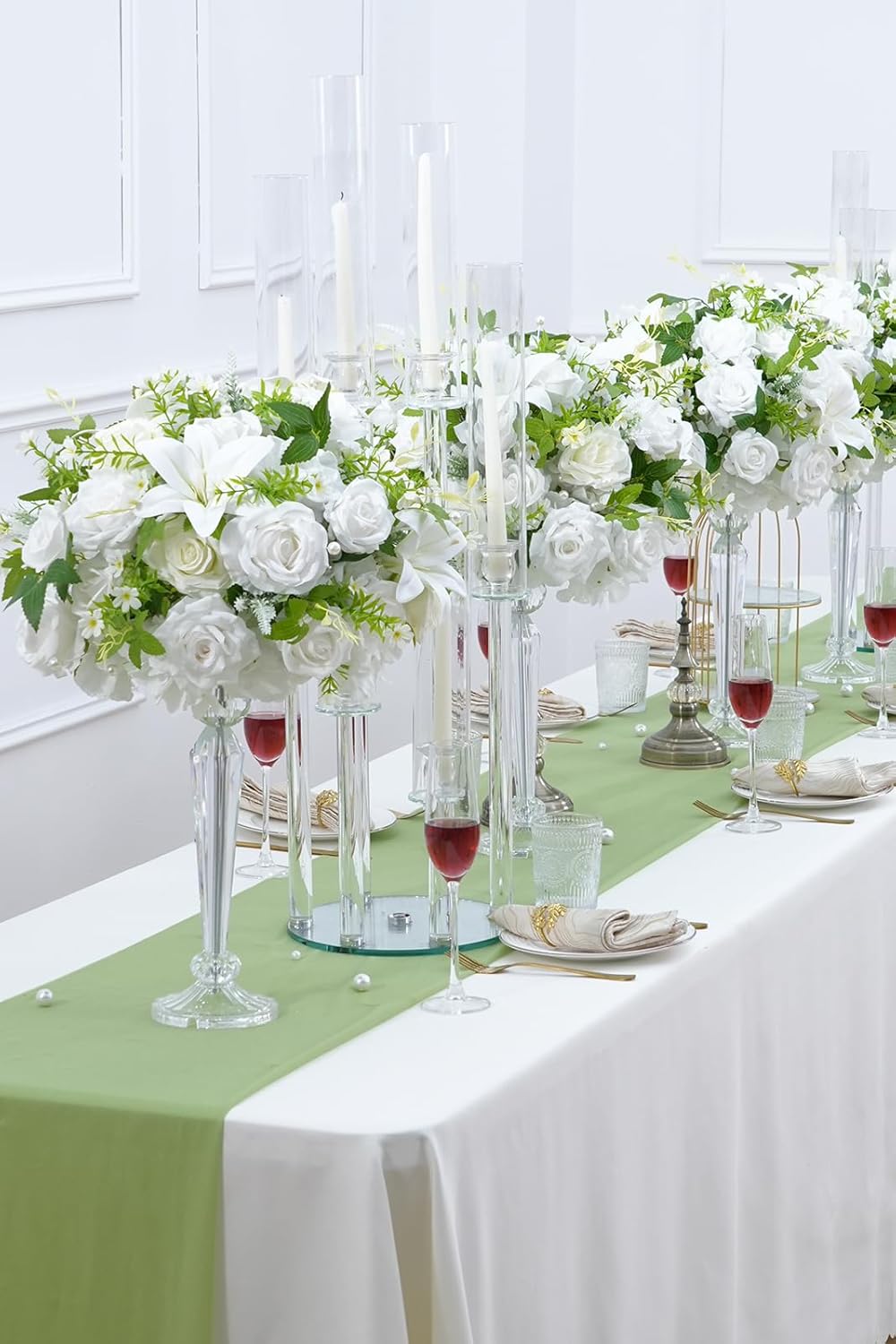 2pcs 15inch Centerpieces Table Decorations White & Green Artificial Flowers Roses Balls for Wedding Centerpiece