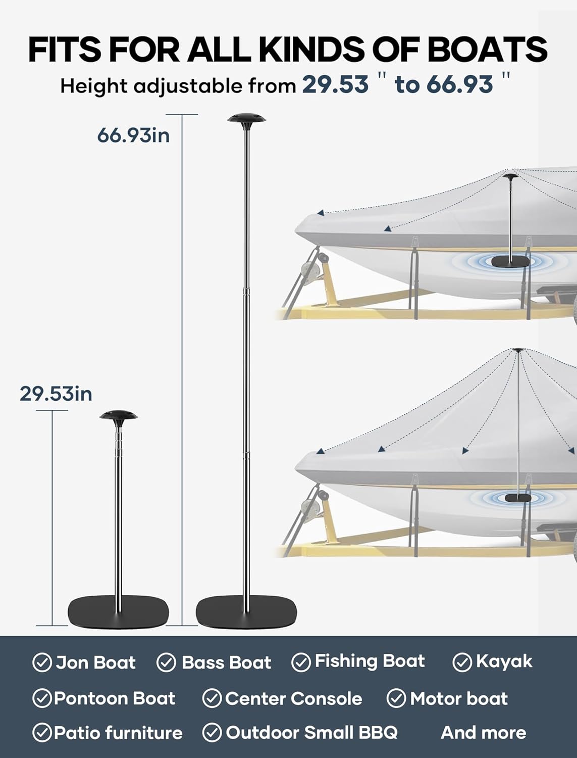 Boat Cover Support Poles 4 PK Support Systems, Height Adjustable 304 Stainless Steel Support Poles
