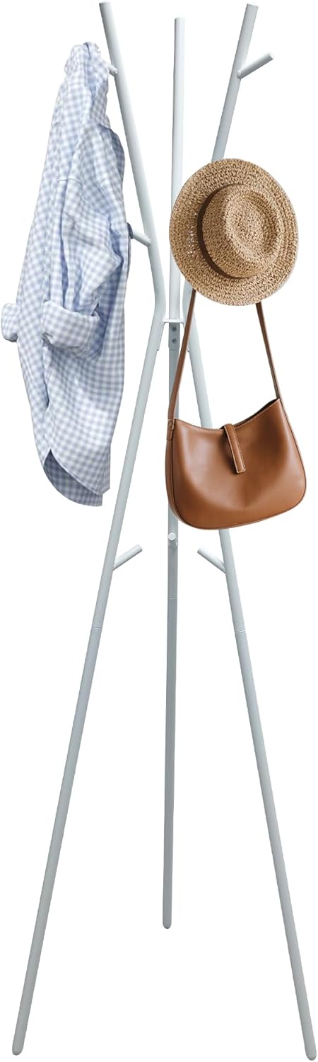 66.5'  White Heavy Duty Iron Modern Standing Coat Rack for Hats Scarves Jackets, Easy Assembly W/ 9 Hooks & Shelves