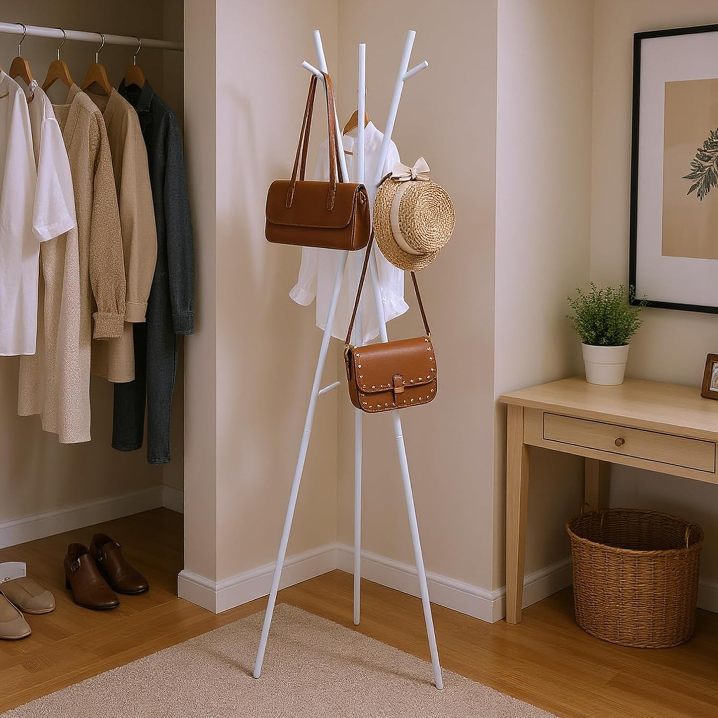 66.5'  White Heavy Duty Iron Modern Standing Coat Rack for Hats Scarves Jackets, Easy Assembly W/ 9 Hooks & Shelves