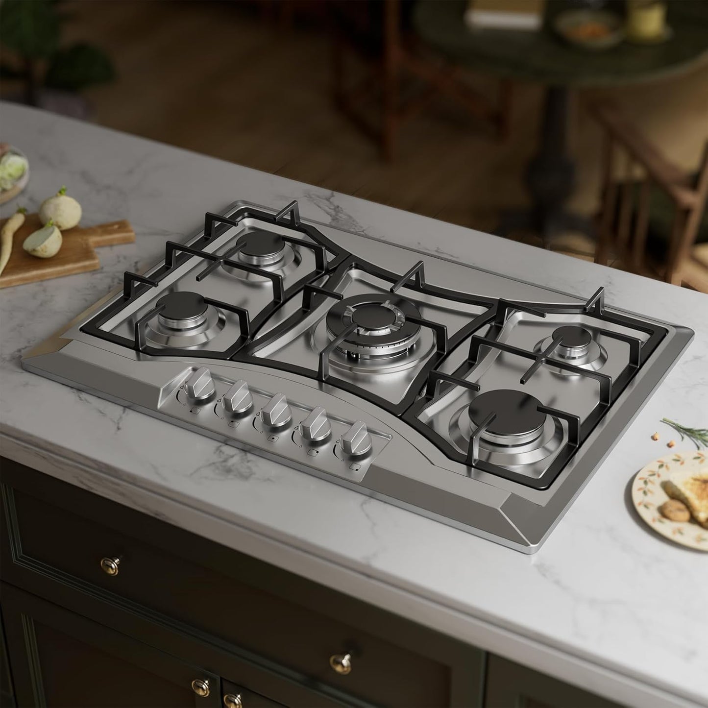 30 inch Drop-in Gas Cooktop with 5 Sealed Burners, Stainless Steel Gas Stove, Dishwasher Safe Cast Iron Grates