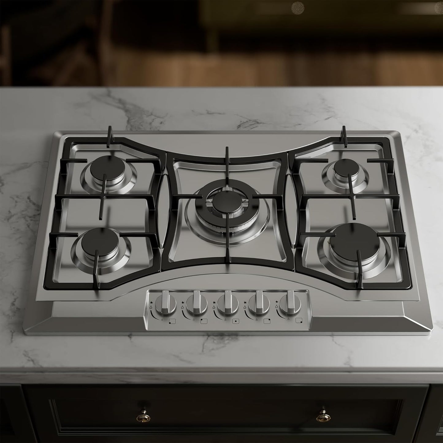 30 inch Drop-in Gas Cooktop with 5 Sealed Burners, Stainless Steel Gas Stove, Dishwasher Safe Cast Iron Grates