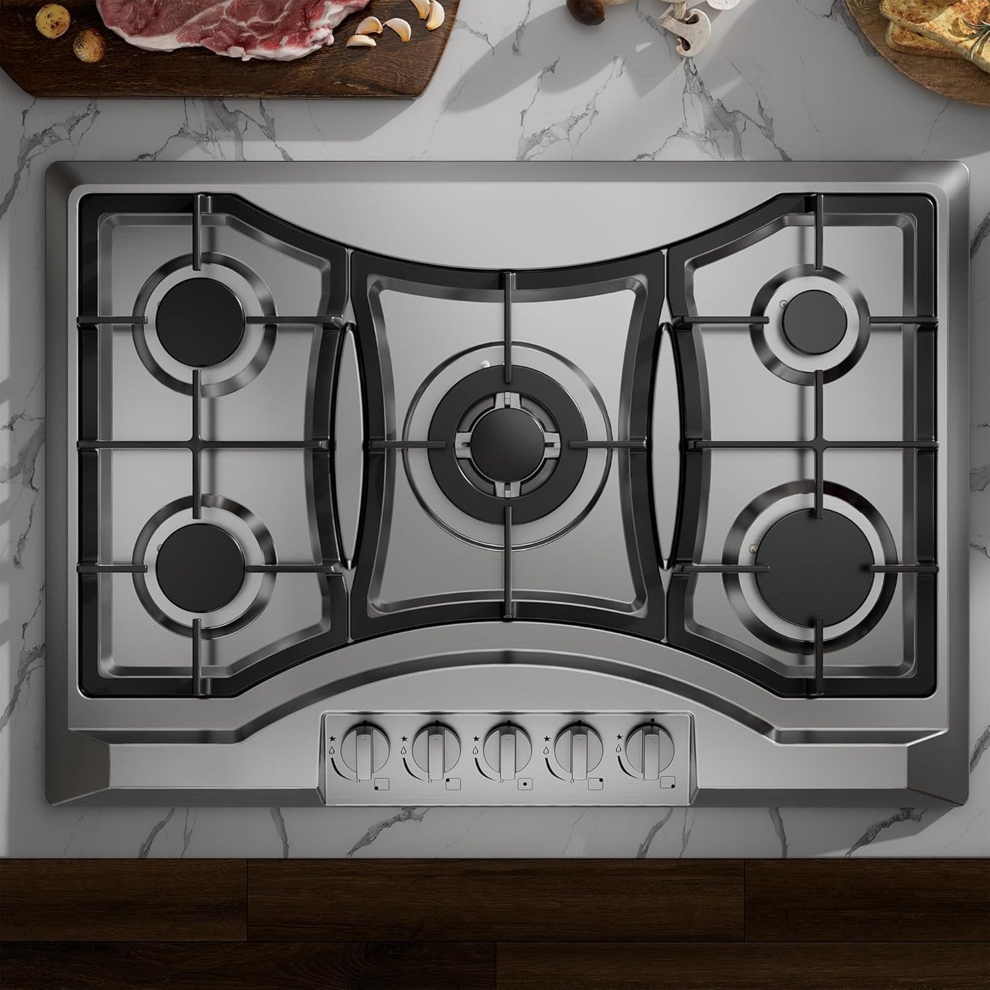 30 inch Drop-in Gas Cooktop with 5 Sealed Burners, Stainless Steel Gas Stove, Dishwasher Safe Cast Iron Grates