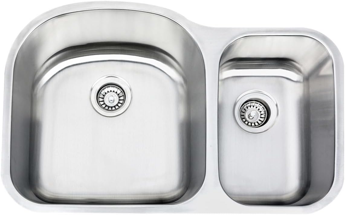 Double Bowl Stainless Steel Sink, Undermount Kitchen Sink, 70/30 Ratio, w/ Basket Strainer  18 Gauge Steel Finish