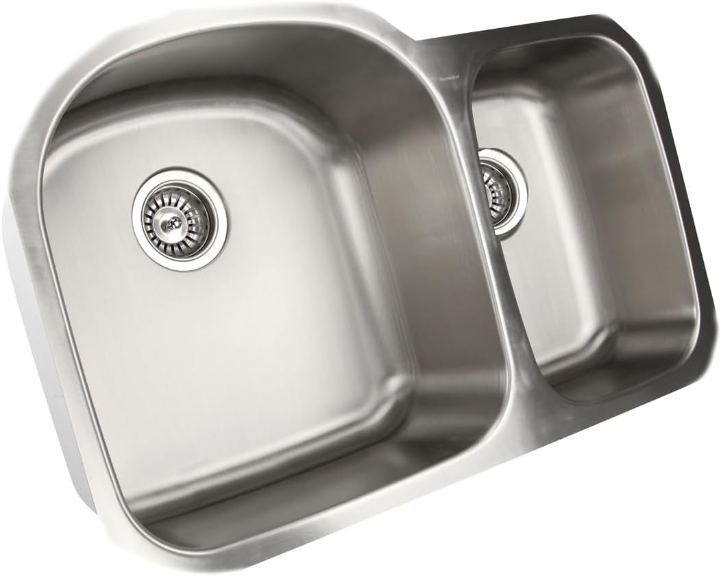 Double Bowl Stainless Steel Sink, Undermount Kitchen Sink, 70/30 Ratio, w/ Basket Strainer  18 Gauge Steel Finish