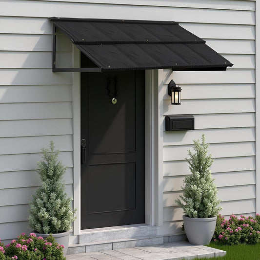 Fixed Metal Patio Awning, for Door Window Outdoor Rain Snow Protection, Slate Tiles Metal Awning with Triangle Steel Frame