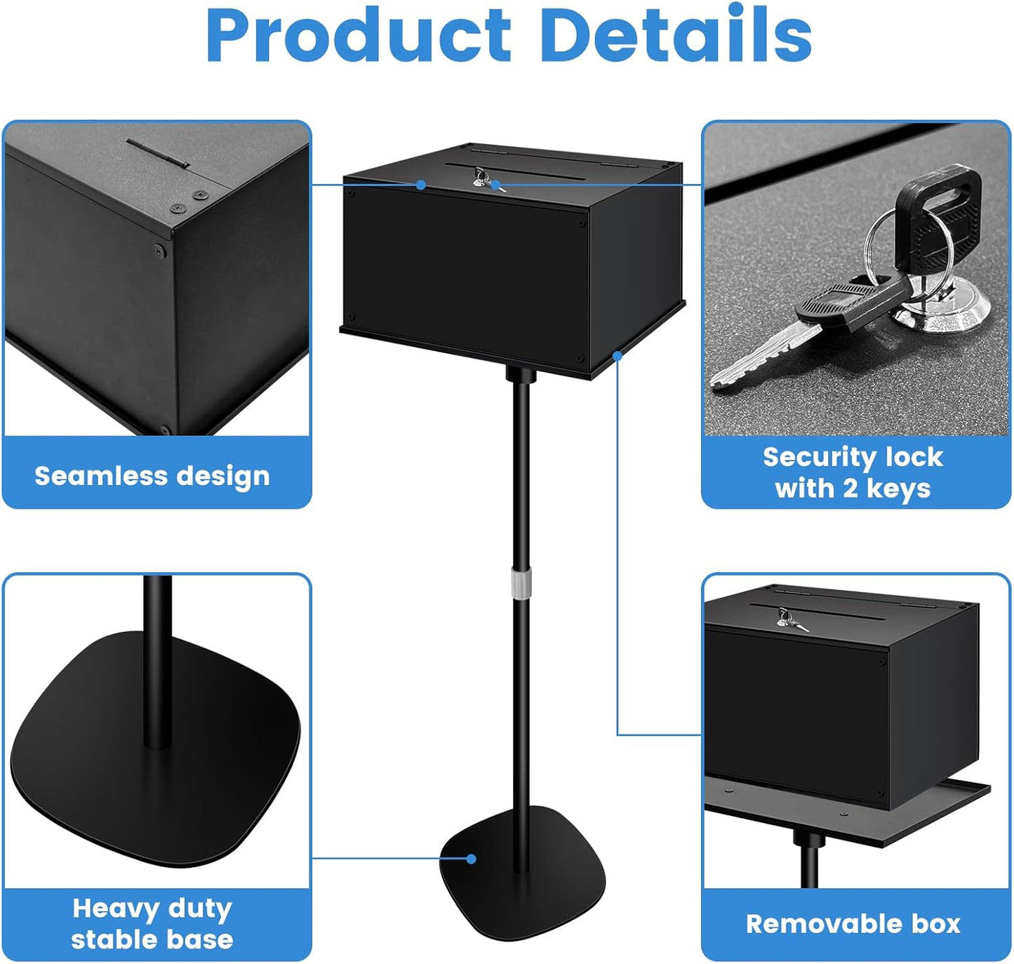 Metal Suggestion Box with Stand, Floor Standing Donation Box with Lock and Key, Heavy-Duty Collection Case