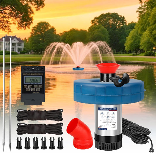 Pond Fountain Aerator 750W, 1HP, 15000 GPH Floating Aerator Pump, 100' Power Cord, 2×Metal Stakes, 33x2' Rope