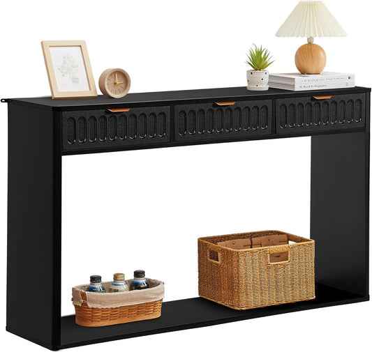 Entryway Table with Storage, Narrow Console Table with 3 Drawers, Mid Century Modern Black Sofa Table
