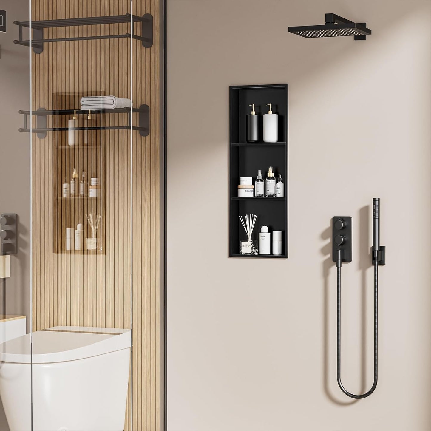 36'x12' No Tile Needed Shower Niche w/ 3- Tier Shelves Recessed Wall Niches for Bathroom Storage, Matte Black