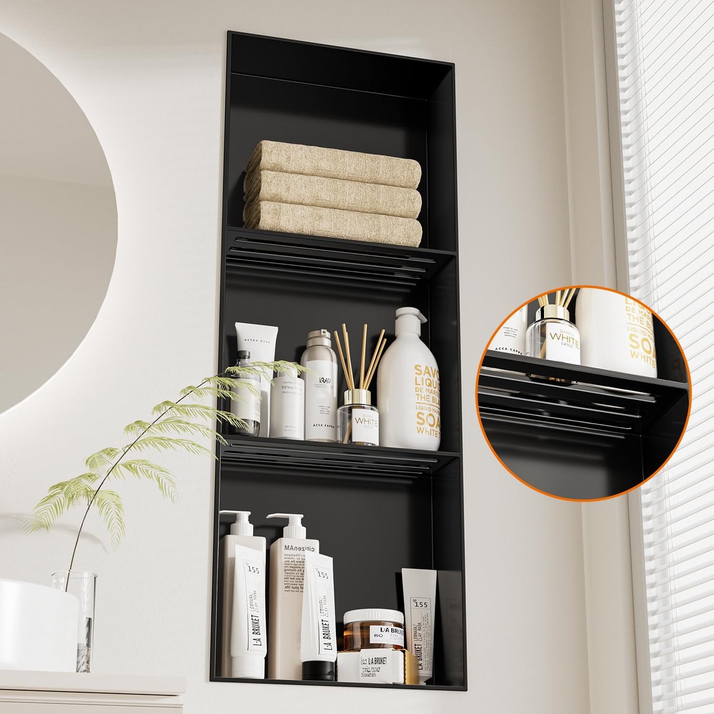 36'x12' No Tile Needed Shower Niche w/ 3- Tier Shelves Recessed Wall Niches for Bathroom Storage, Matte Black
