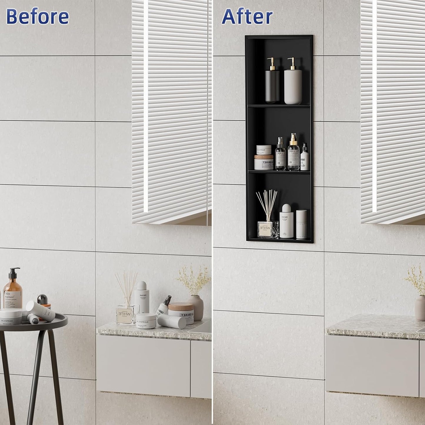 36'x12' No Tile Needed Shower Niche w/ 3- Tier Shelves Recessed Wall Niches for Bathroom Storage, Matte Black