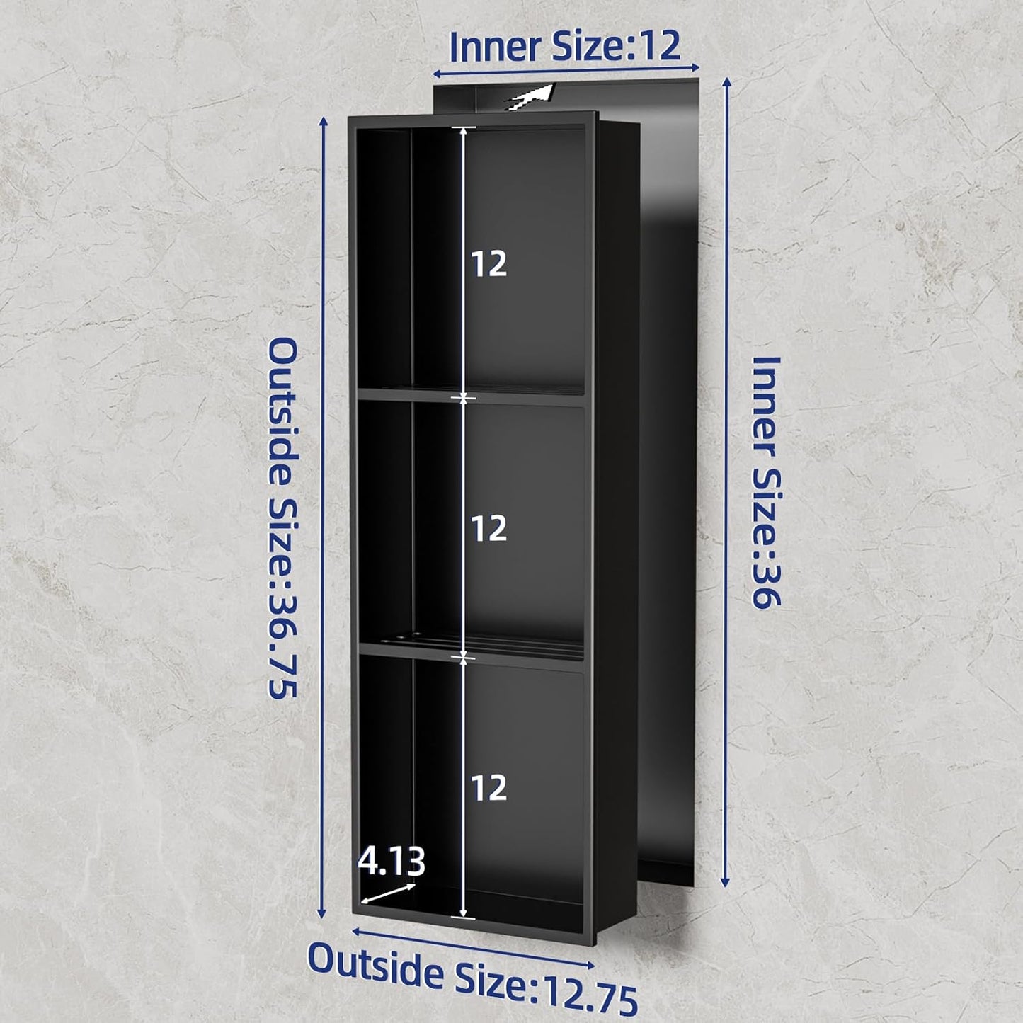 36'x12' No Tile Needed Shower Niche w/ 3- Tier Shelves Recessed Wall Niches for Bathroom Storage, Matte Black