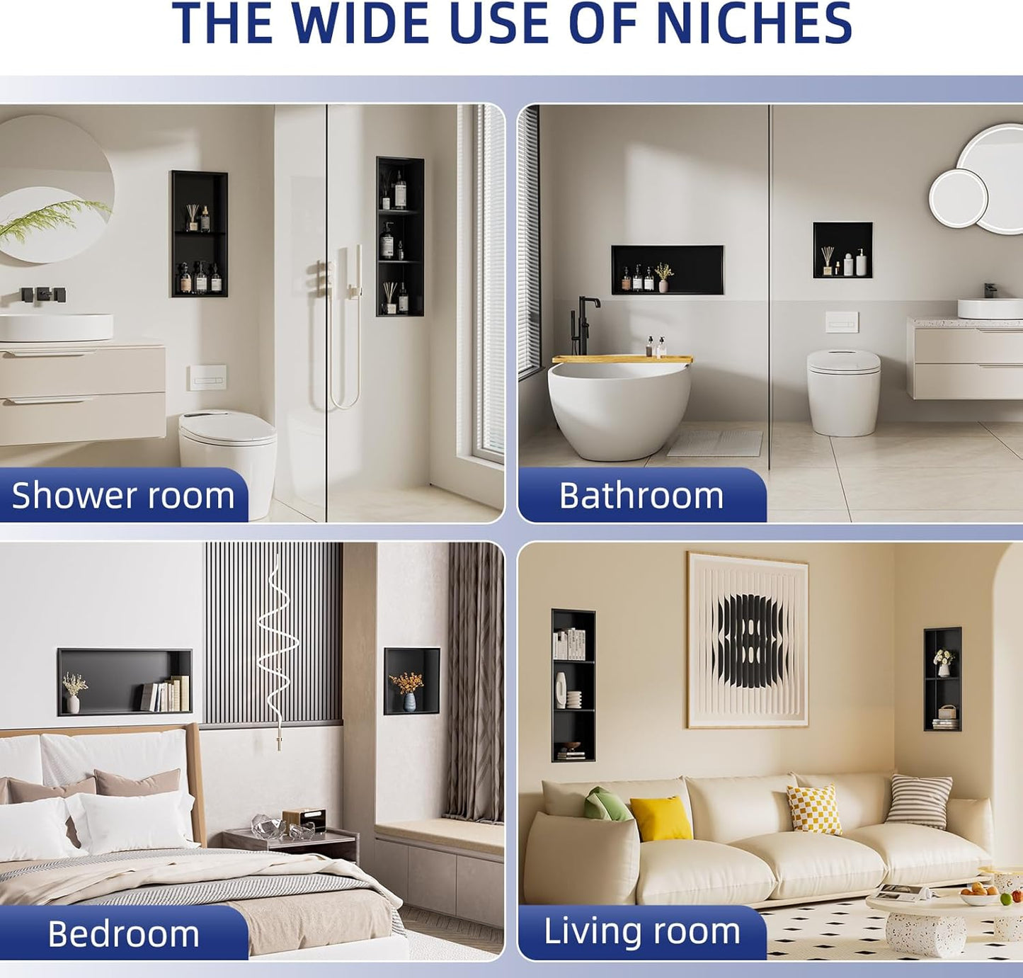 36'x12' No Tile Needed Shower Niche w/ 3- Tier Shelves Recessed Wall Niches for Bathroom Storage, Matte Black