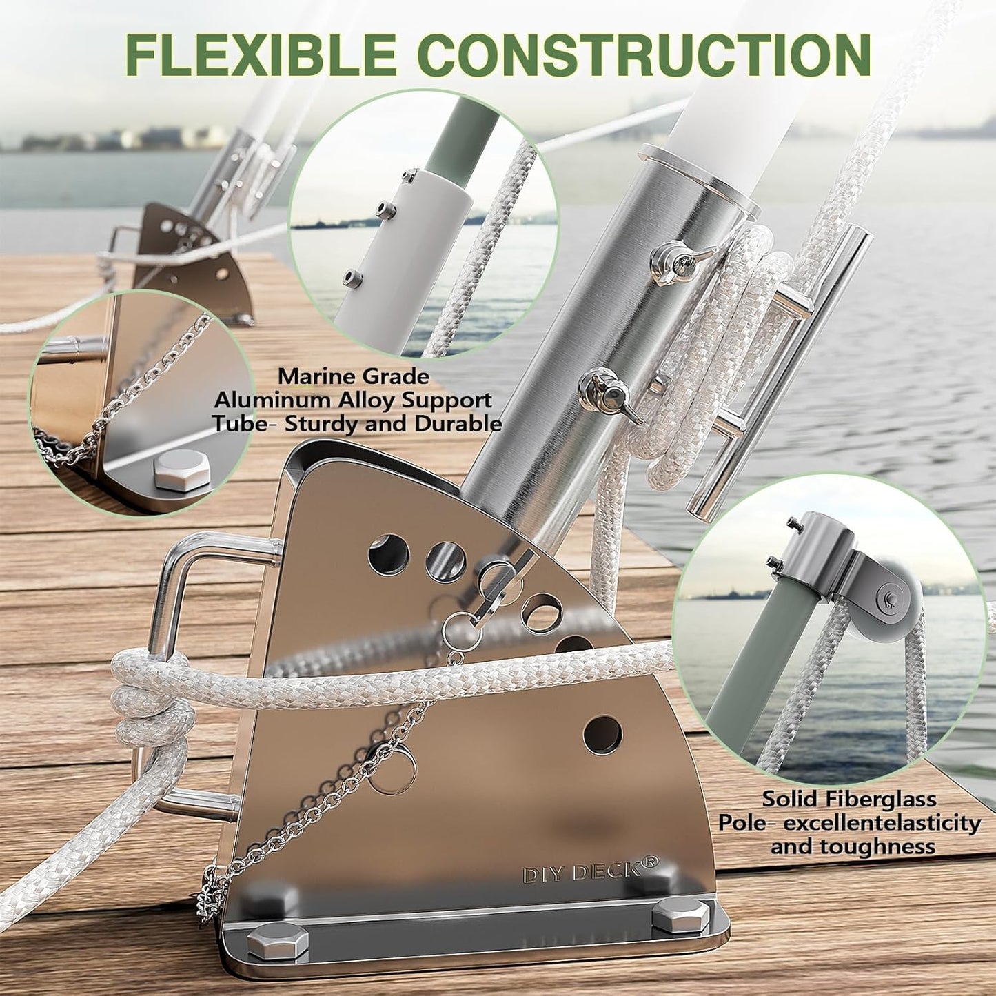 Mooring Whips for Jet Skis with Solid Fiberglass Rods and Adjustable Angle Base for Secure Boat Docking