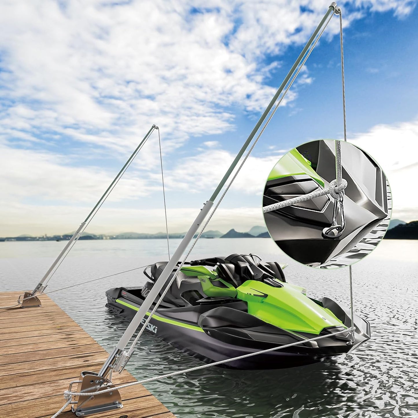 Mooring Whips for Jet Skis with Solid Fiberglass Rods and Adjustable Angle Base for Secure Boat Docking