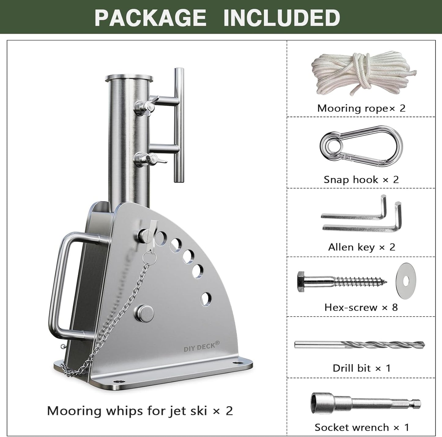 Mooring Whips for Jet Skis with Solid Fiberglass Rods and Adjustable Angle Base for Secure Boat Docking