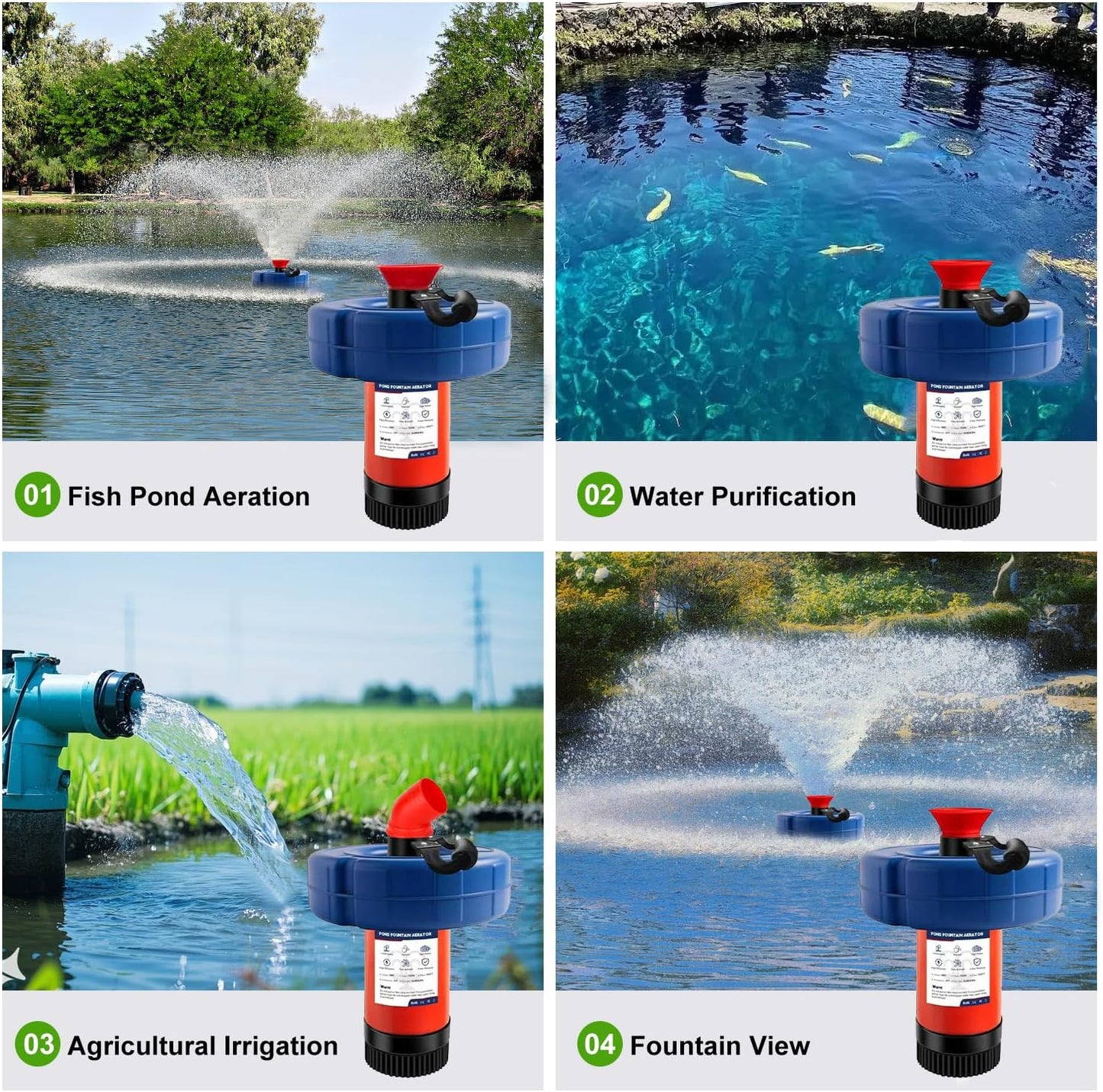 Pond Fountain Aerator 750W, Pond Fountain - 1HP 15,000 GPH, 100' Power Cord, 2 Metal Rods, 33'×2' Tow Rope