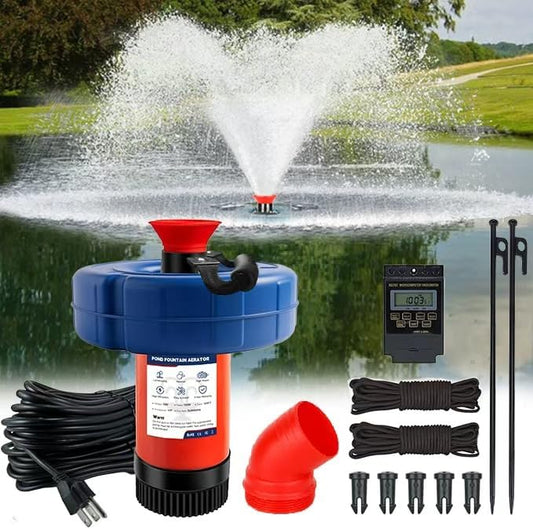 Pond Fountain Aerator 750W, Pond Fountain - 1HP 15,000 GPH, 100' Power Cord, 2 Metal Rods, 33'×2' Tow Rope