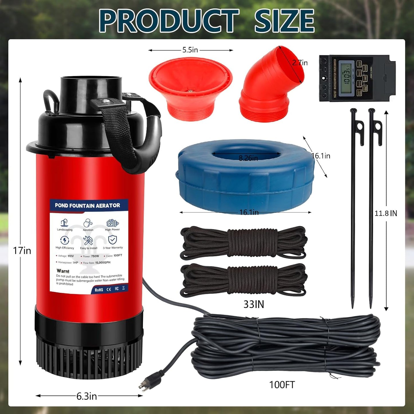 Pond Fountain Aerator 750W, Pond Fountain - 1HP 15,000 GPH, 100' Power Cord, 2 Metal Rods, 33'×2' Tow Rope