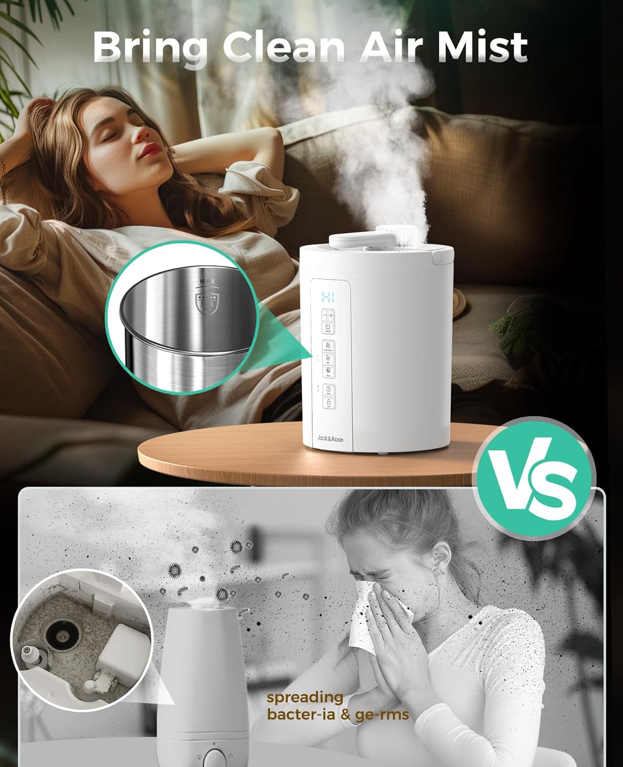 Healthy Warm Mist Humidifiers, 100oz Stainless Steel, Easy Clean, Filter less, w/ Sleep Mode, Timer, Auto-off Setting