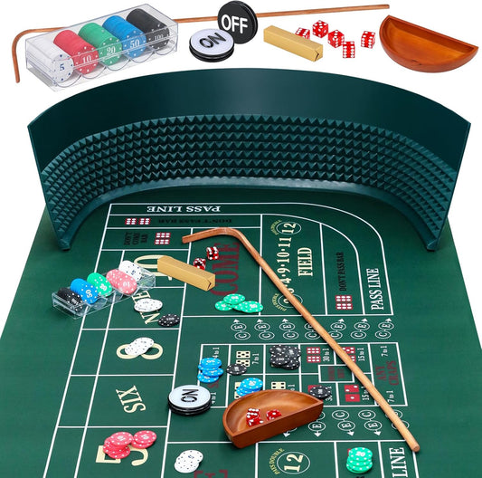 Craps Tabletop Set w/ 35*70' Rubber Mat, 48*11' Rubber Pyramid Bumper, 36' Rattan Stick,19mm Dice, 100 Chips