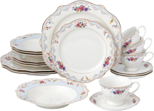 20-Piece Bone China Dinnerware Set, Service for 4, Floral with Blue and Gold Trim