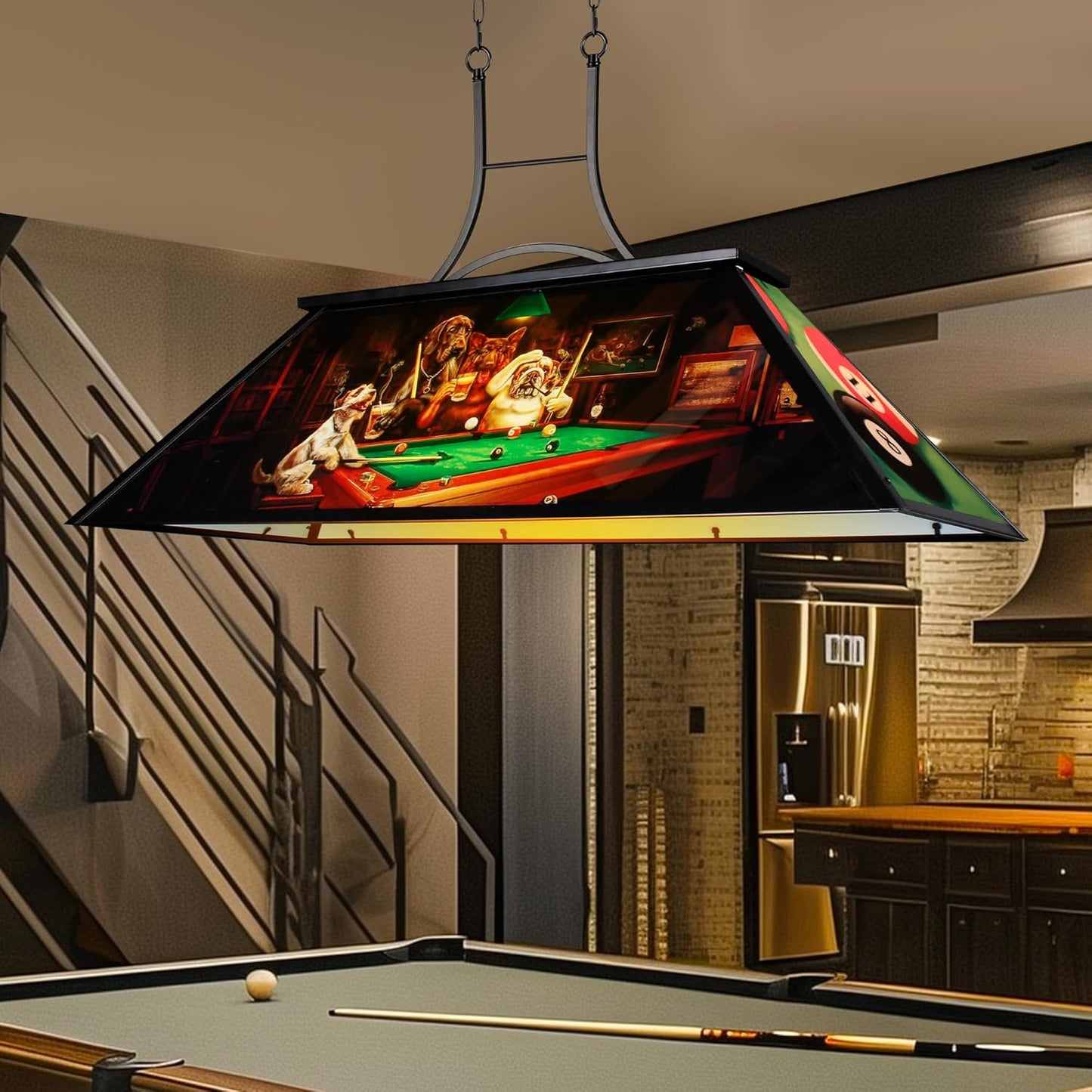 4-Light Tiffany Pool Table Lamp, 43' Billiards Fixture for 7'-8' Pool Table, w/ Dogs Playing Billiards, Transmittance Shade