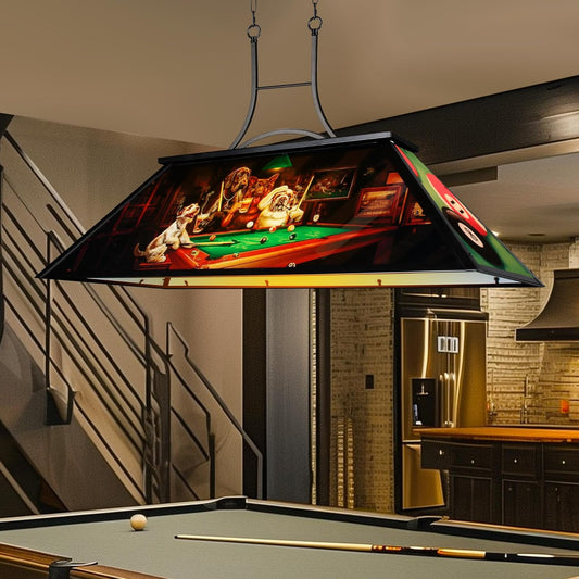 4-Light Tiffany Pool Table Lamp, 43' Billiards Fixture for 7'-8' Pool Table, w/ Dogs Playing Billiards, Transmittance Shade
