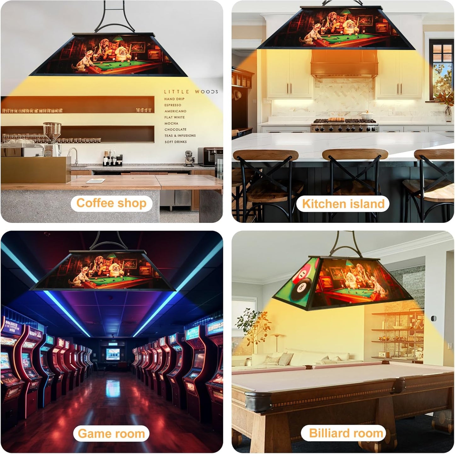 4-Light Tiffany Pool Table Lamp, 43' Billiards Fixture for 7'-8' Pool Table, w/ Dogs Playing Billiards, Transmittance Shade