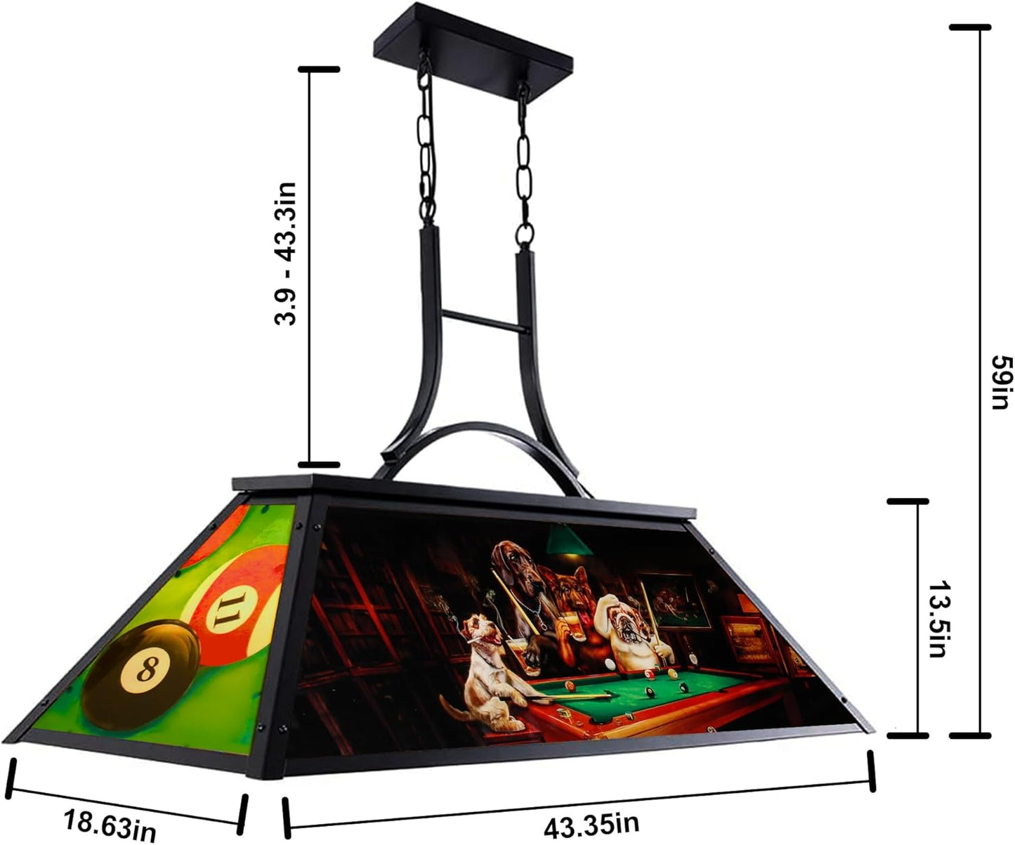 4-Light Tiffany Pool Table Lamp, 43' Billiards Fixture for 7'-8' Pool Table, w/ Dogs Playing Billiards, Transmittance Shade