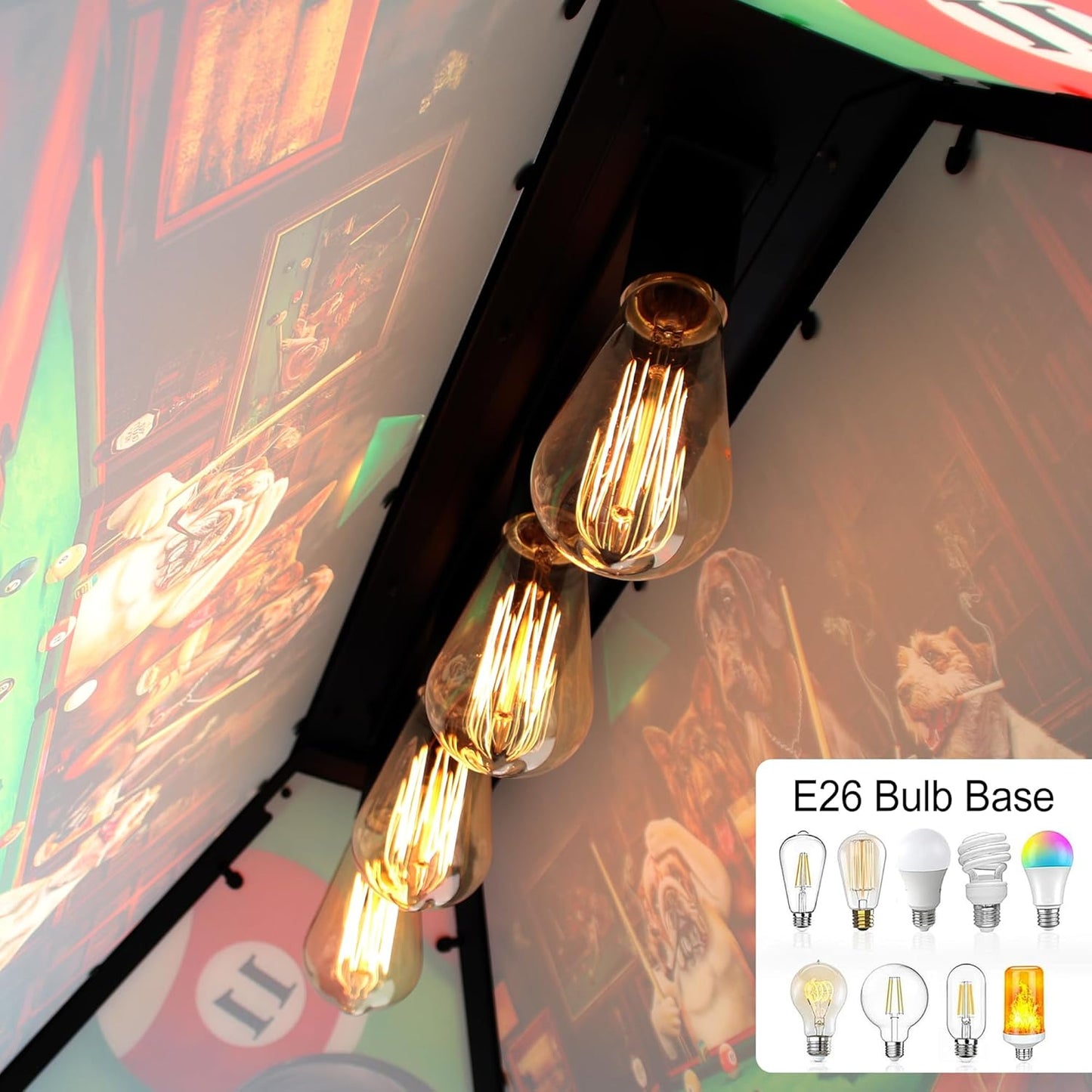 4-Light Tiffany Pool Table Lamp, 43' Billiards Fixture for 7'-8' Pool Table, w/ Dogs Playing Billiards, Transmittance Shade