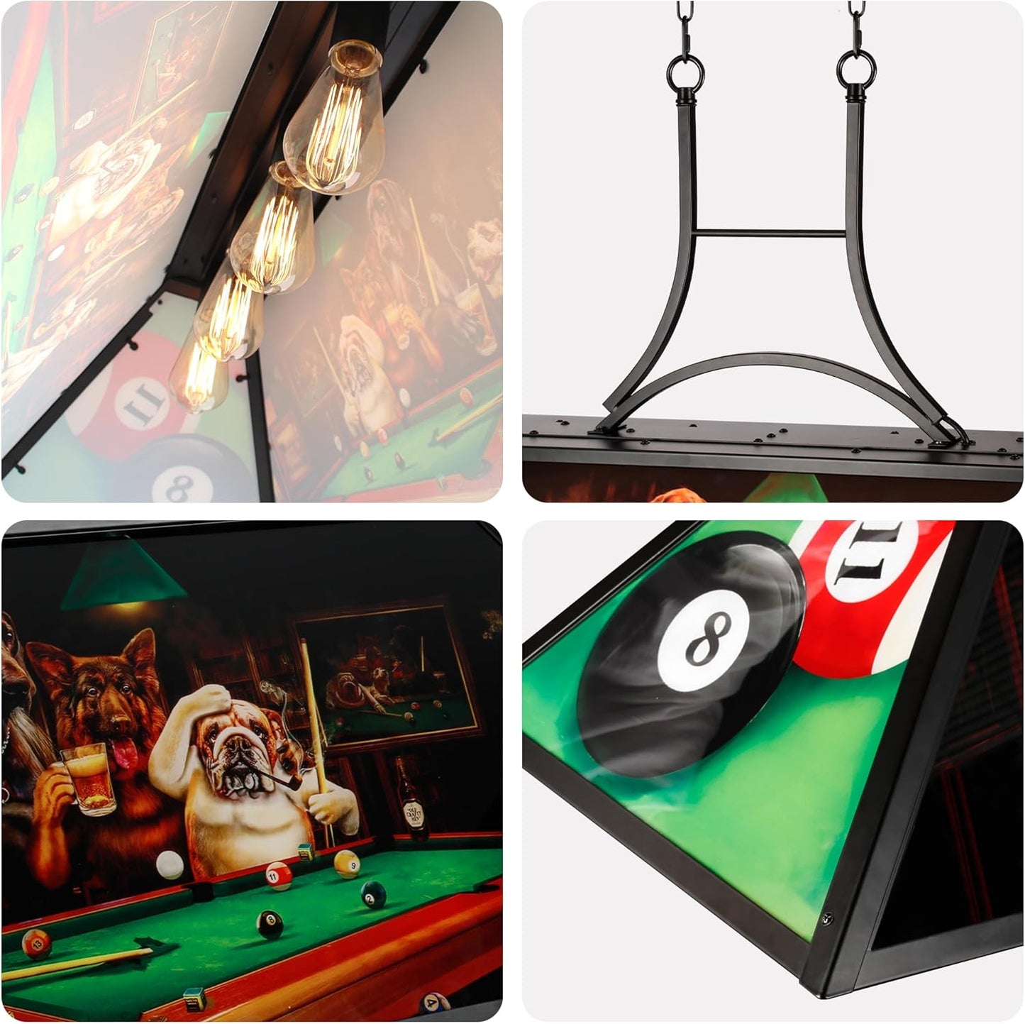 4-Light Tiffany Pool Table Lamp, 43' Billiards Fixture for 7'-8' Pool Table, w/ Dogs Playing Billiards, Transmittance Shade
