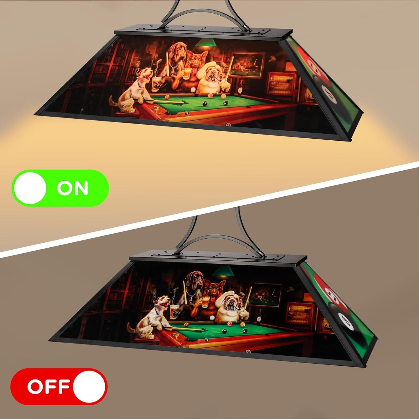 4-Light Tiffany Pool Table Lamp, 43' Billiards Fixture for 7'-8' Pool Table, w/ Dogs Playing Billiards, Transmittance Shade