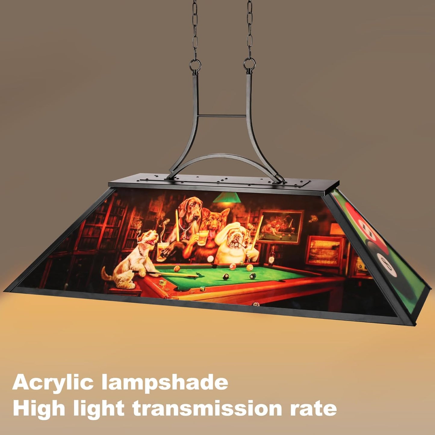 4-Light Tiffany Pool Table Lamp, 43' Billiards Fixture for 7'-8' Pool Table, w/ Dogs Playing Billiards, Transmittance Shade