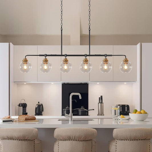 Linear Chandeliers 6 Light, Fixture 55' Finished Black and Gold Farmhouse w/ Seeded Glass Shade, Height  Adjustable