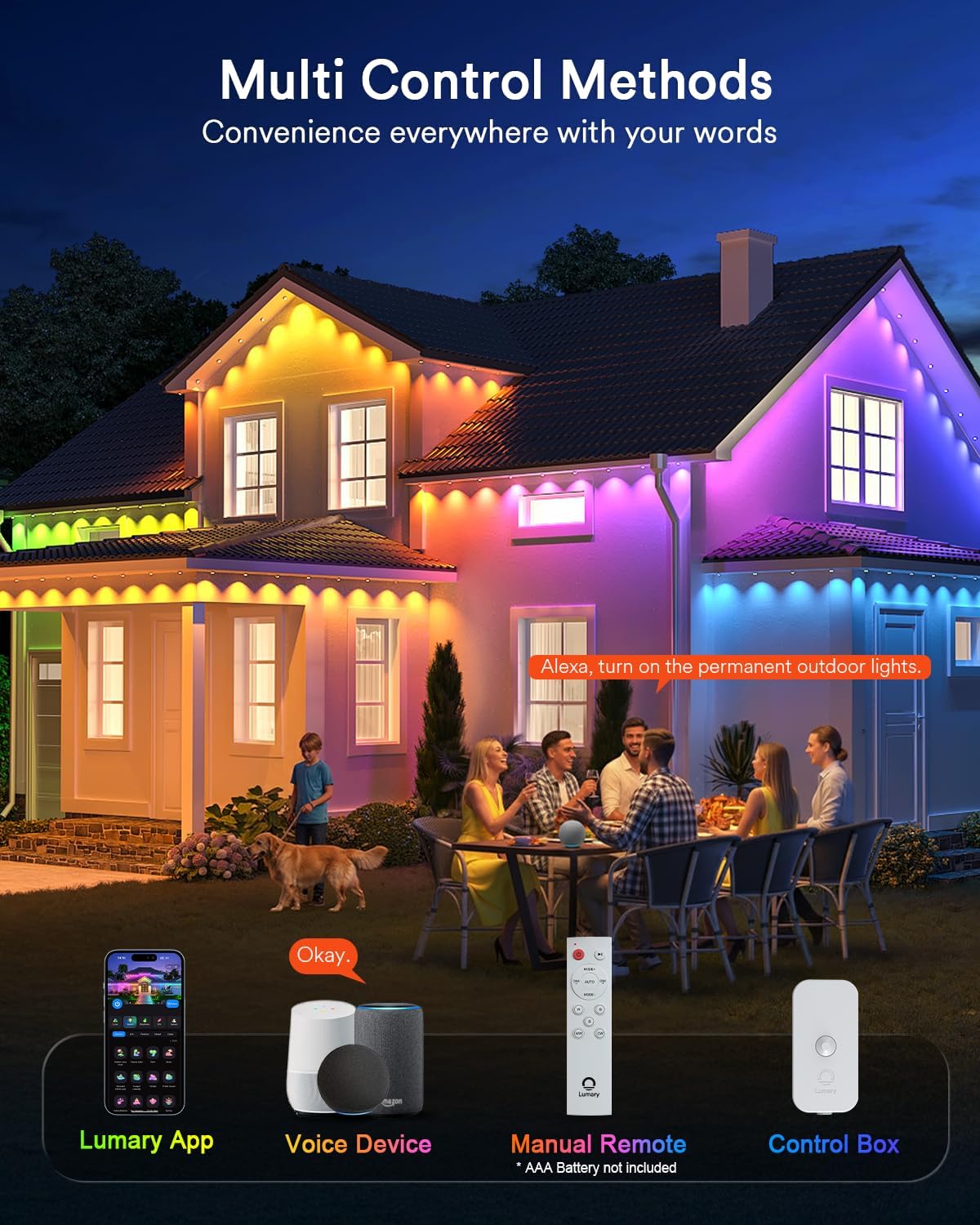 Permanent Outdoor Lights w/ Remote, 50' with 30 RGBAICW LEDs, 111 Scene Modes, Waterproof, Work w/ Alexa, Google