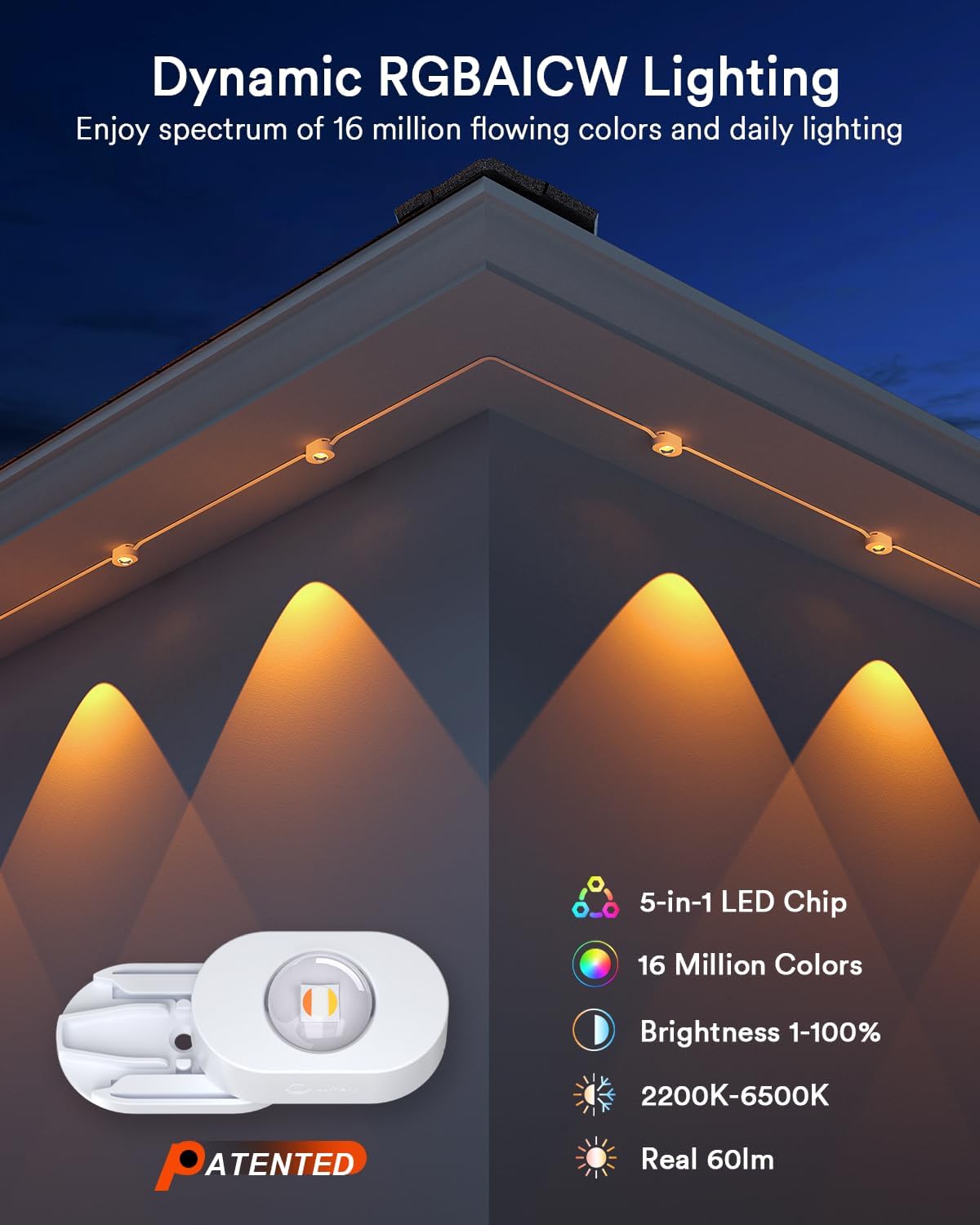 Permanent Outdoor Lights w/ Remote, 50' with 30 RGBAICW LEDs, 111 Scene Modes, Waterproof, Work w/ Alexa, Google