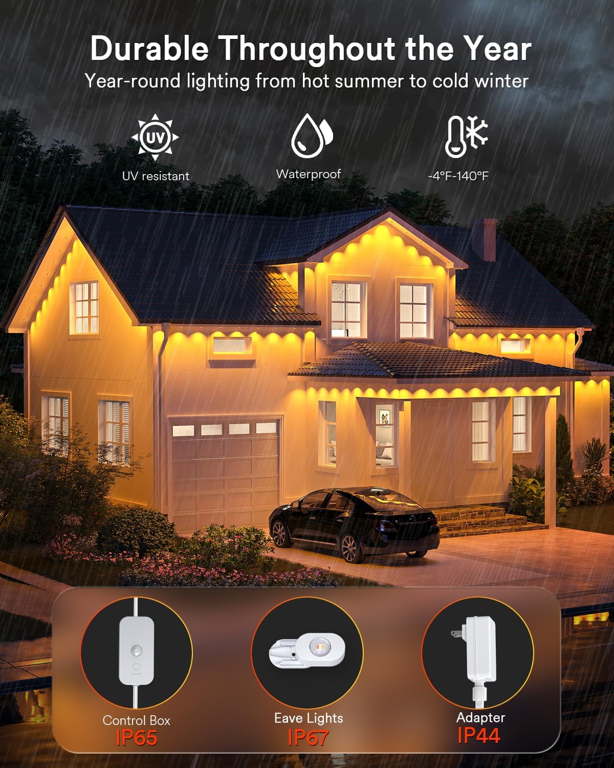 Permanent Outdoor Lights w/ Remote, 50' with 30 RGBAICW LEDs, 111 Scene Modes, Waterproof, Work w/ Alexa, Google